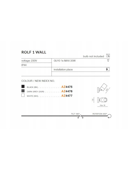 Moderny reflektor ogrodowy ROLF WALL czarny z regulacją światła, IP44, 35W GU10 - eleganckie oświetlenie tarasu i ogrodu