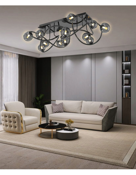 Lampa sufitowa NANCY w czarnym chromie z szklanymi kloszami, eleganckie oświetlenie do sypialni i salonu