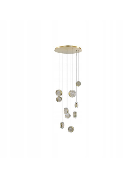 Lampa wisząca EUFORIA ROUND z LED, złote akcenty, 10 punktów świetlnych, ściemnialna, styl glamour do salonu i jadalni
