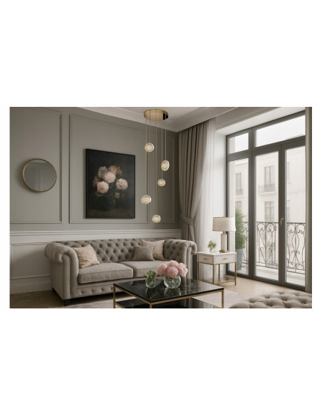 Lampa wisząca LED EUFORIA złota, kaskadowa, 5-punktowa z ściemniaczem, nowoczesny design, 200 cm do salonu i jadalni