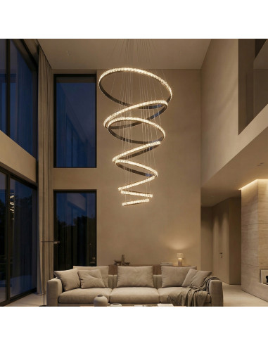 Lampa wisząca spiralna AZALEA do wysokich sufitów z kryształami, czarna elegancja do nowoczesnych wnętrz