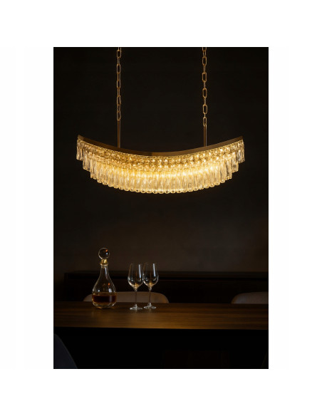 Lampa sufitowa ZAMBEZI w kształcie łódki z kryształami i złotym wykończeniem, idealna do eleganckich wnętrz