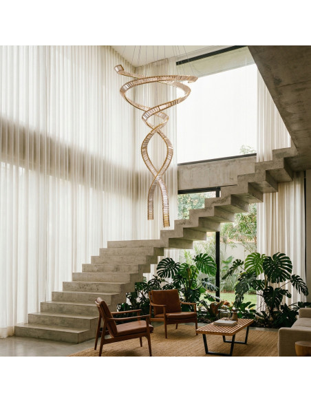 Lampa wisząca kaskadowa SPARK SPIRAL XXL złota LED CCT 370 cm 4-punktowa 280W ściemnialna aluminum IP20