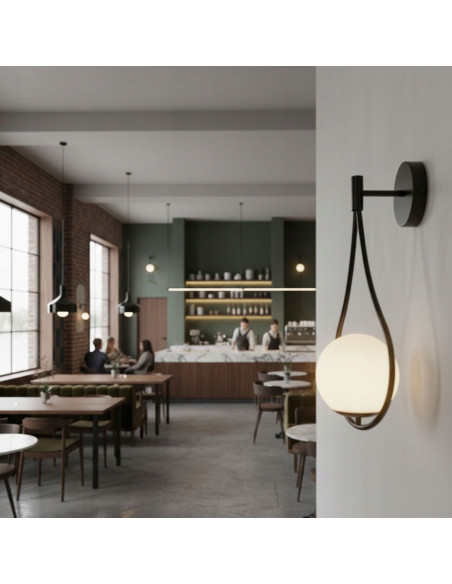 Kinkiet DROP G9 czarny z mlecznym kloszem 45 cm — lampa ścienna do salonu, hotelu i korytarza