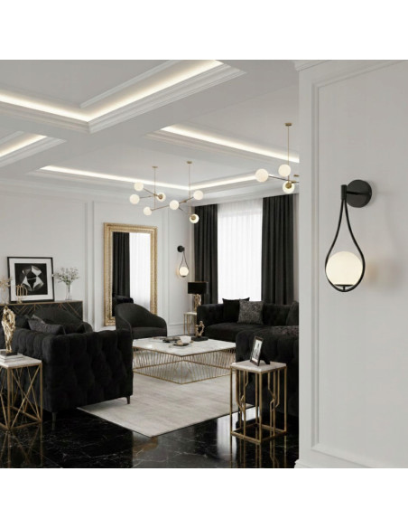 Kinkiet DROP G9 czarny z mlecznym kloszem 45 cm — lampa ścienna do salonu, hotelu i korytarza