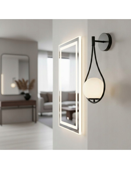 Kinkiet DROP G9 czarny z mlecznym kloszem 45 cm — lampa ścienna do salonu, hotelu i korytarza