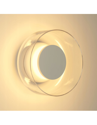 Kinkiet DONUT LED 6W szklany biały z elementem orzechowym 18 cm — nowoczesne oświetlenie ścienne, 3000K, 480 lm