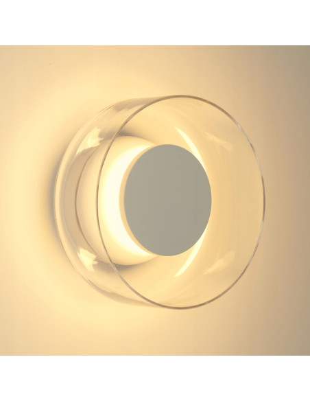 Kinkiet DONUT LED 6W szklany biały z elementem orzechowym 18 cm — nowoczesne oświetlenie ścienne, 3000K, 480 lm