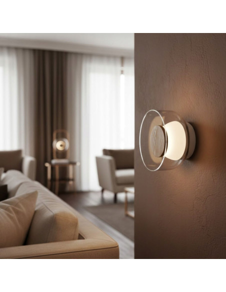 Kinkiet DONUT 18 cm LED z drewnianym akcentem orzechowym — szkło transparentne, ciepłe 3000K, IP20