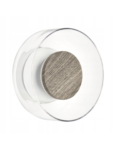 Kinkiet DONUT 18 cm LED z drewnianym akcentem orzechowym — szkło transparentne, ciepłe 3000K, IP20