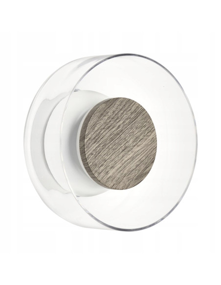 Kinkiet DONUT 18 cm LED z drewnianym akcentem orzechowym — szkło transparentne, ciepłe 3000K, IP20