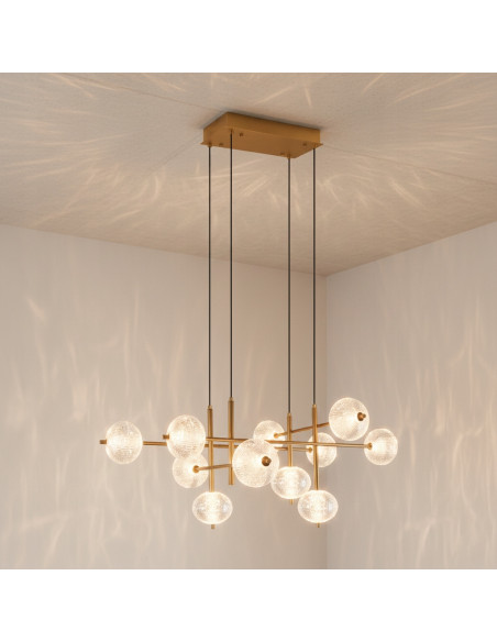 Złoty żyrandol GALATEA LED 63W z regulacją barwy i pilotem — elegancka lampa nad stół 115 cm, 5665 lm, regulowana wysokość