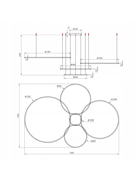Nowoczesna wisząca lampa RINGI SATURNO 4 pierścienie 120/100/80/60 cm czarna LED 120W 5400 lm regulowana wysokość