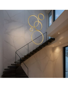 Lampa wisząca SATURNO Gold 5 pierścieni LED 100W regulowana 120–3500 mm złota do wysokiego holu 2