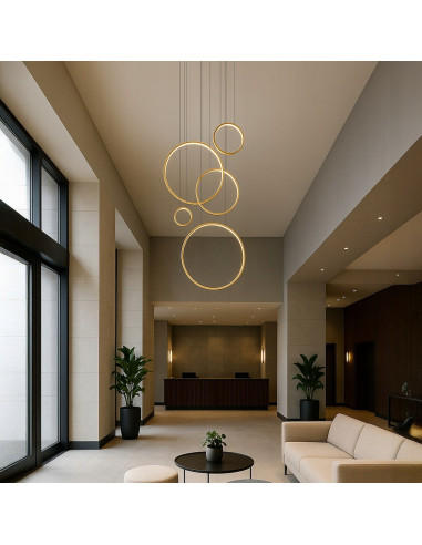 Lampa wisząca SATURNO Gold 5 pierścieni LED 100W regulowana 120–3500 mm złota do wysokiego holu