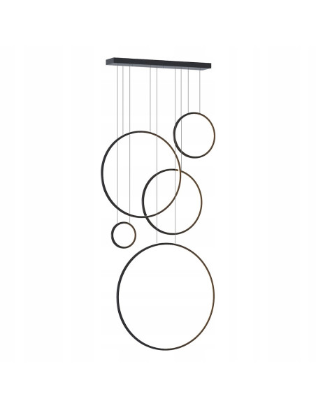 Lampa wisząca SATURNO 5 Ringi LED 100W czarna regulowana 120–350 cm – nowoczesna dekoracyjna do klatki schodowej