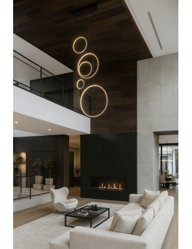 Lampa wisząca SATURNO 5 Ringi LED 100W czarna regulowana 120–350 cm – nowoczesna dekoracyjna do klatki schodowej