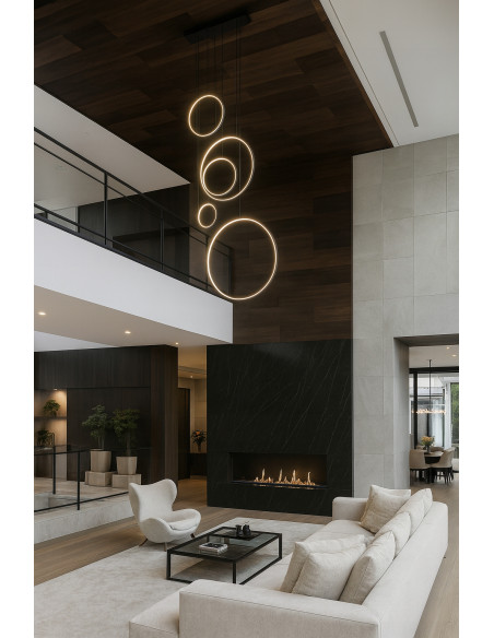 Lampa wisząca SATURNO 5 Ringi LED 100W czarna regulowana 120–350 cm – nowoczesna dekoracyjna do klatki schodowej