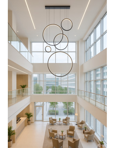 Lampa wisząca SATURNO 5 Ringi LED 100W czarna regulowana 120–350 cm – nowoczesna dekoracyjna do klatki schodowej