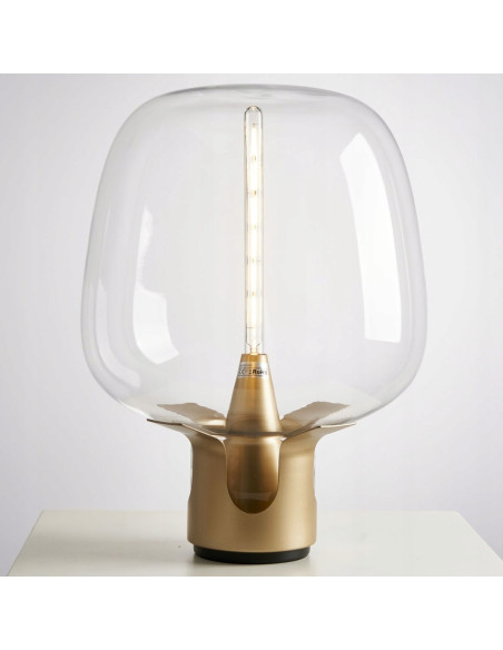 Lampa stołowa FATA złota z przydymionym szklanym kloszem Ø35 cm E27 idealna do sypialni i hotelu