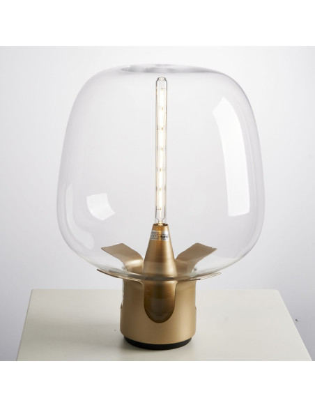 Lampa stołowa FATA złota z przydymionym szklanym kloszem Ø35 cm E27 idealna do sypialni i hotelu