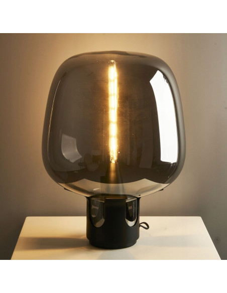 Lampka nocna FATA przydymione szkło E27 44 cm czarna — elegancka lampa stołowa LED do sypialni i salonu