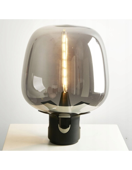 Lampka nocna FATA przydymione szkło E27 44 cm czarna — elegancka lampa stołowa LED do sypialni i salonu