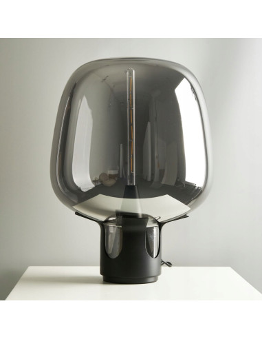 Lampka nocna FATA przydymione szkło E27 44 cm czarna — elegancka lampa stołowa LED do sypialni i salonu