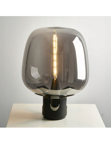 Lampka nocna FATA przydymione szkło E27 44 cm czarna — elegancka lampa stołowa LED do sypialni i salonu