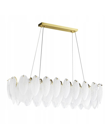 Lampa wisząca PIUMA LONG 100 cm z kryształowymi piórkami – biało-złota, 10-punktowa, LED