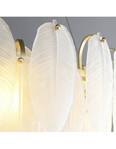 Lampa wisząca PIUMA LONG 100 cm z kryształowymi piórkami – biało-złota, 10-punktowa, LED