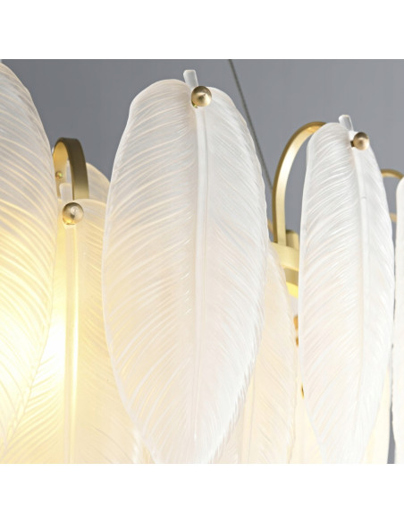 Lampa wisząca PIUMA LONG 100 cm z kryształowymi piórkami – biało-złota, 10-punktowa, LED