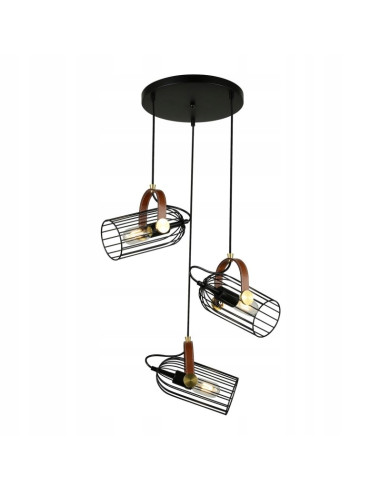 Italux Żyrandol loft ANTOIN 3xE27 czarny ze skórzanymi akcentami 54x100 cm