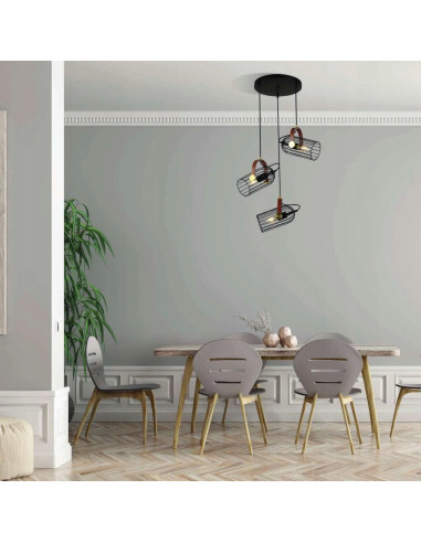 Italux Żyrandol loft ANTOIN 3xE27 czarny ze skórzanymi akcentami 54x100 cm