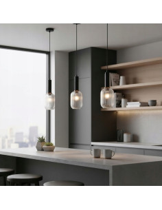 Italux ANTIOLA - Lampa wisząca szklana prążkowana E27 czarna 1-punktowa 113 cm