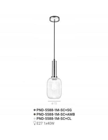 Italux ANTIOLA - Lampa wisząca szklana prążkowana E27 czarna 1-punktowa 113 cm