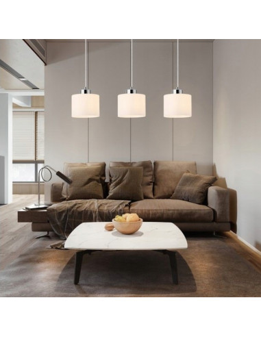 Lampa wisząca Riva 3-płomienna chromowa z białymi kloszami E27 60 cm do kuchni i jadalni