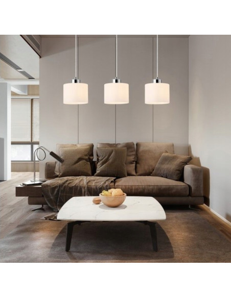 Lampa wisząca Riva 3-płomienna chromowa z białymi kloszami E27 60 cm do kuchni i jadalni