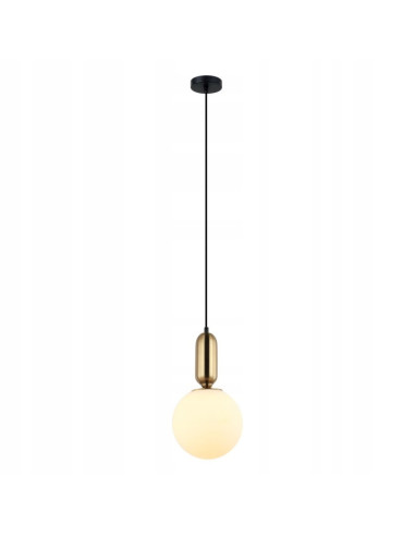 Italux ALDEVA – Wisząca lampa kula szkło mleczne z mosiężnym detalem, czarna 120 cm, E27