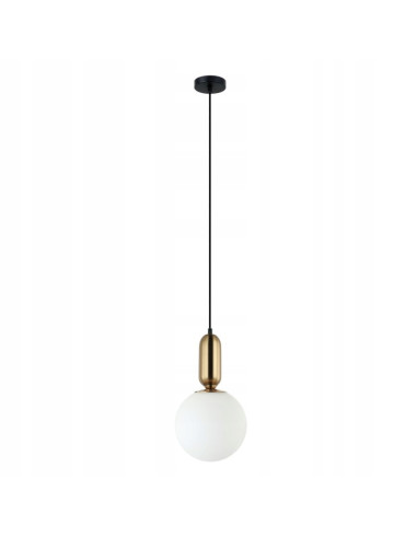 Italux ALDEVA – Wisząca lampa kula szkło mleczne z mosiężnym detalem, czarna 120 cm, E27