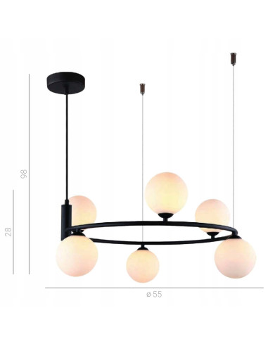 Italux Amily Lampa wisząca 6-punktowa G9 czarny stelaż mleczne kule 60 cm nad stół jadalnia