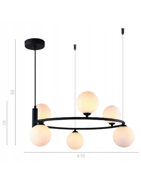 Italux Amily Lampa wisząca 6-punktowa G9 czarny stelaż mleczne kule 60 cm nad stół jadalnia
