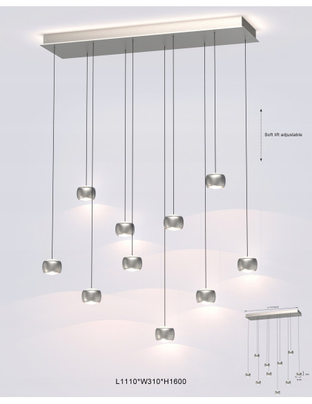 Lampa wisząca AVIANO QUIBERON 10 LED 55W nikiel szampański z regulacją wysokości i 3000K, salon/jadalnia