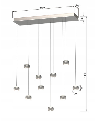 Lampa wisząca AVIANO QUIBERON 10 LED 55W nikiel szampański z regulacją wysokości i 3000K, salon/jadalnia