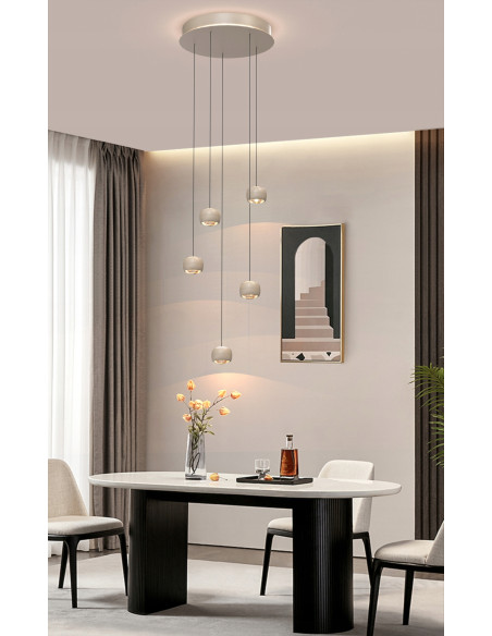 Lampa wisząca Quiberon 5 LED z płynną regulacją wysokości i podsufitką, beżowa, 3800 lm, 3000K