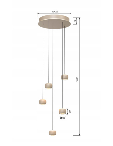 Lampa wisząca Quiberon 5 LED z płynną regulacją wysokości i podsufitką, beżowa, 3800 lm, 3000K