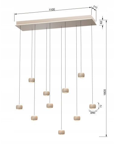 Aviano Lighting QUIBERON – Duża wisząca lampa LED 10-punktowa beżowa z funkcją soft lift 180x117 cm, 3000K, 55W