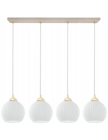 Lampa wisząca RIFFLE 4-pł. beżowo-złota z ryflowanymi białymi kloszami E27 nad wyspę/stół 90 cm