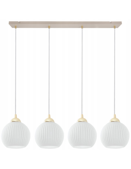 Lampa wisząca RIFFLE 4-pł. beżowo-złota z ryflowanymi białymi kloszami E27 nad wyspę/stół 90 cm