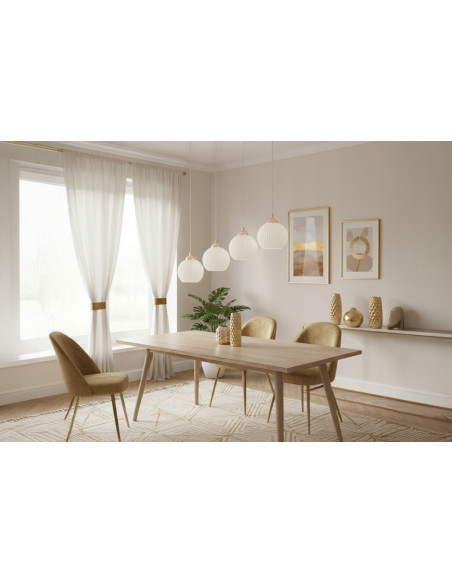 Lampa wisząca RIFFLE 4-pł. beżowo-złota z ryflowanymi białymi kloszami E27 nad wyspę/stół 90 cm
